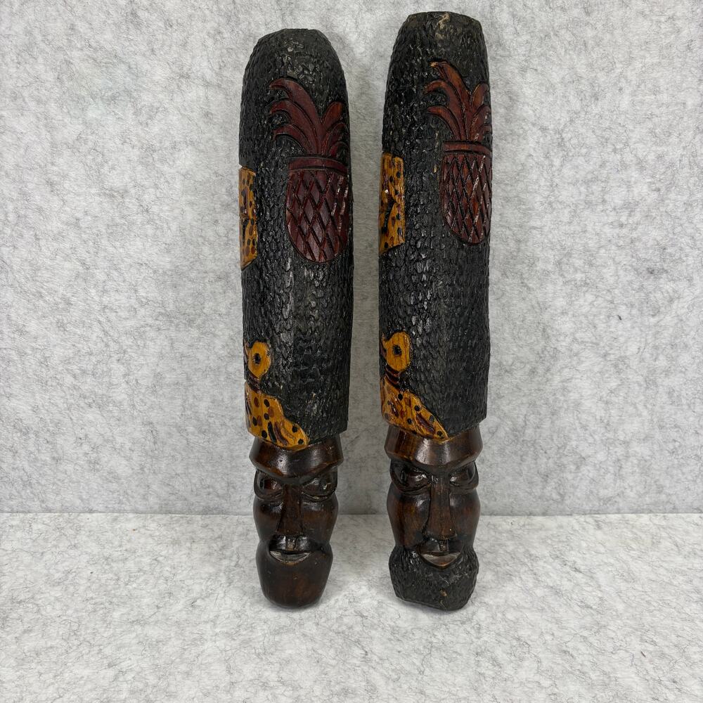 Vintage 1970s Hawaiian Carved Wood Tiki Couple – Wall Art Pair 18.5"